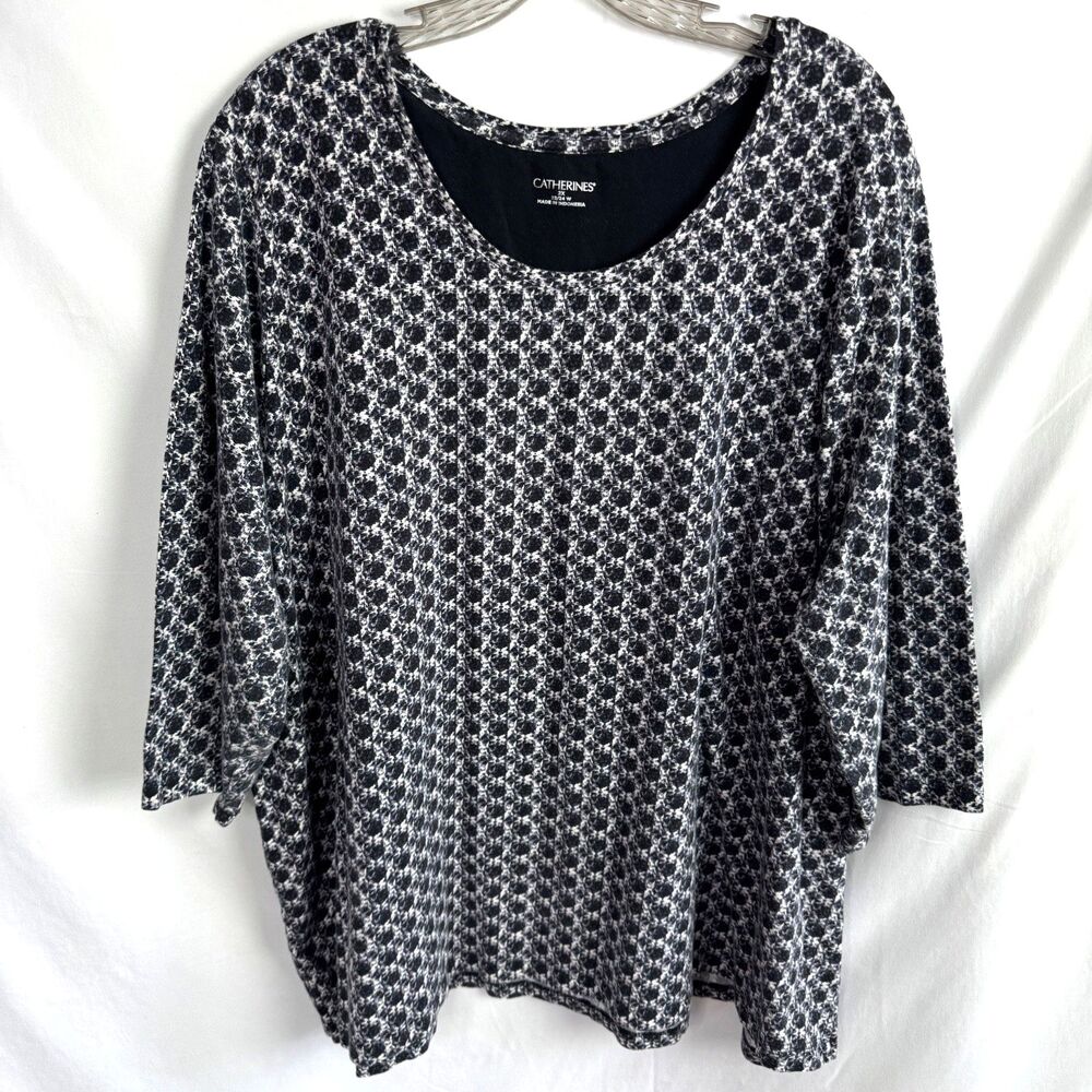 Catherines Women's Knit Top T-Shirt Size 2X Black/White Print 3/4 Sleeves